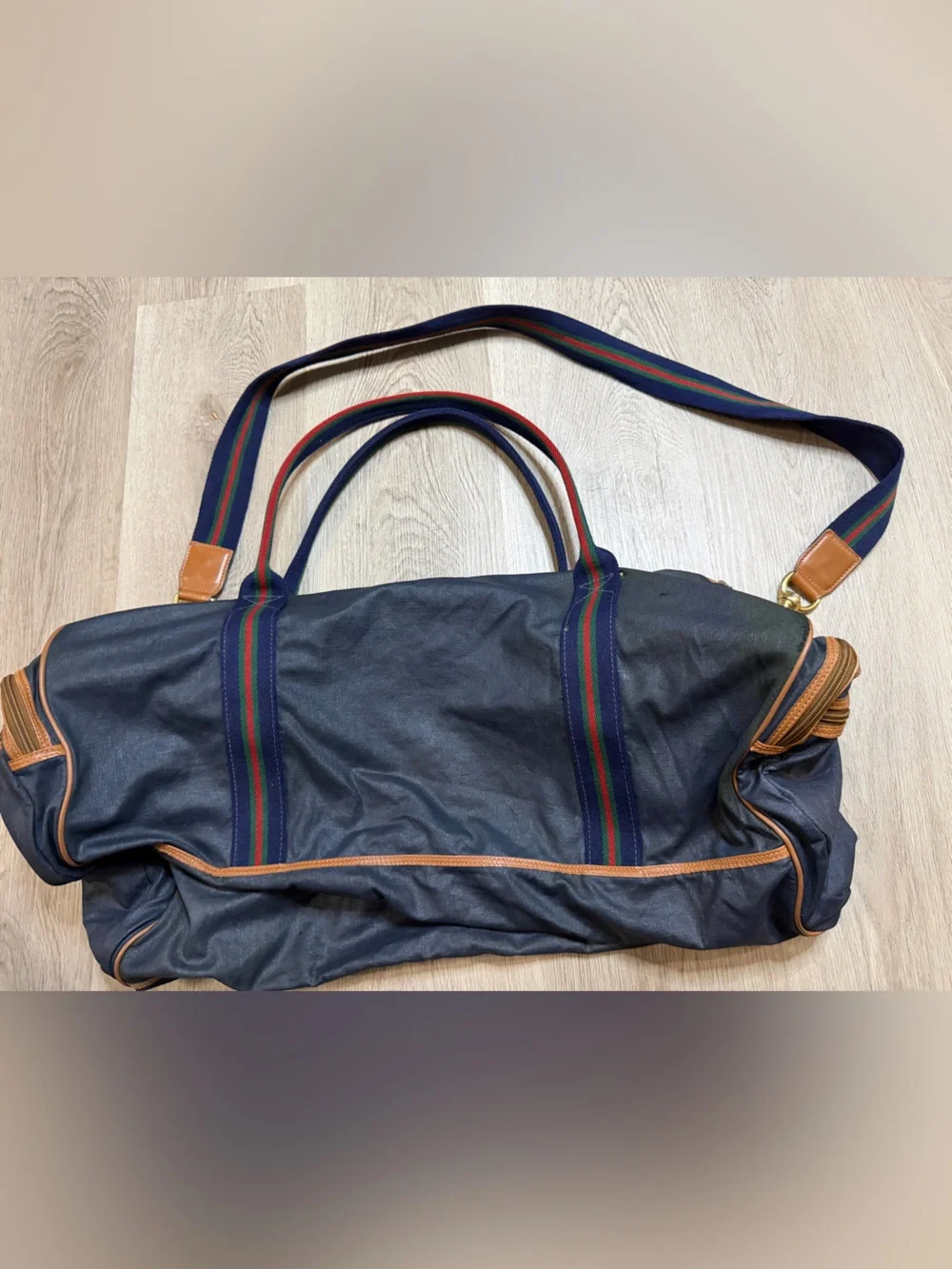 Gucci Navy Duffel Bag with Tan Leather Trim and Red-Green Stripe Webbing